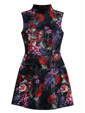 Avec Les Filles Portofino Rose Mock Neck Fit & Flare Mini Dress Floral Size 4